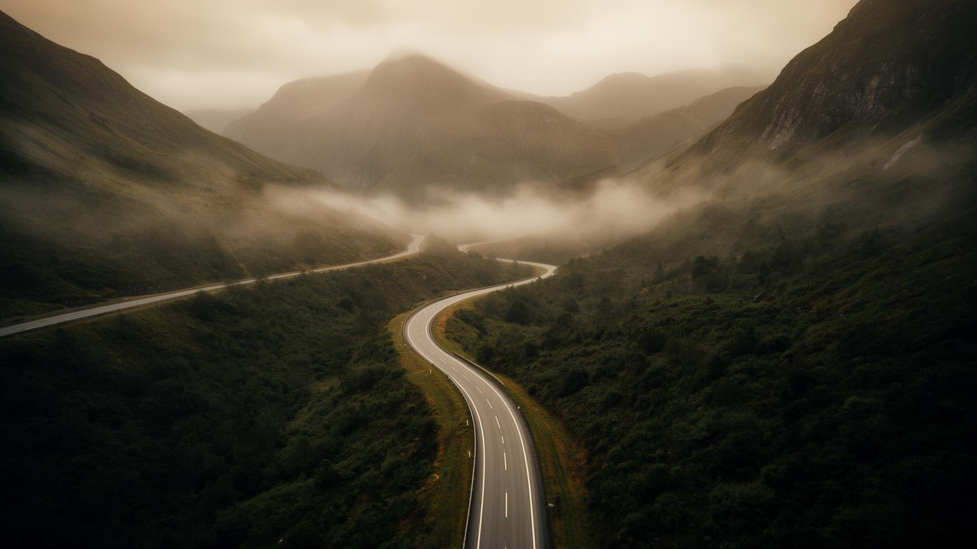 A winding road through a misty valley