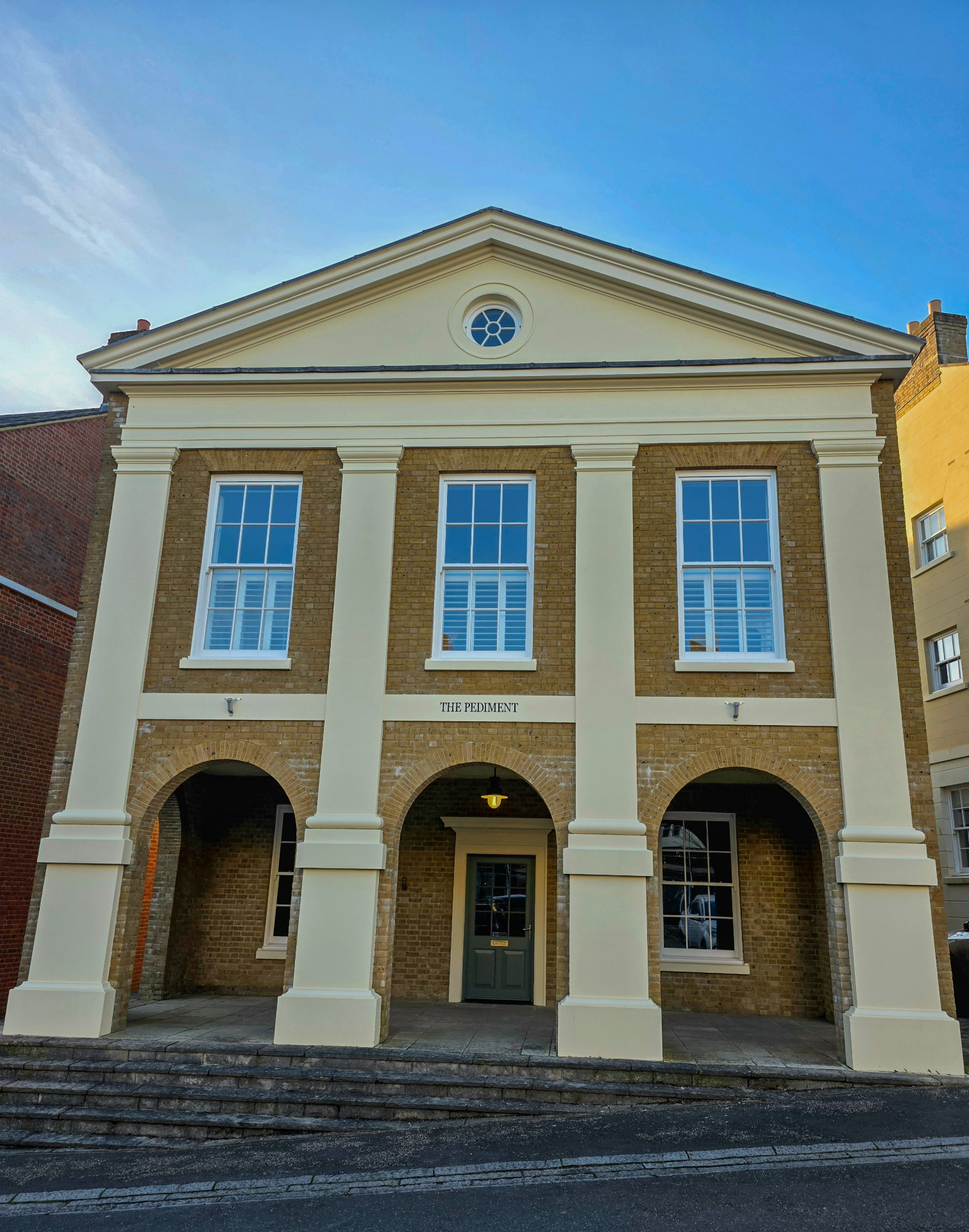 The Pediment, a Georgian-style building in Poundbury, Dorset, exterior view